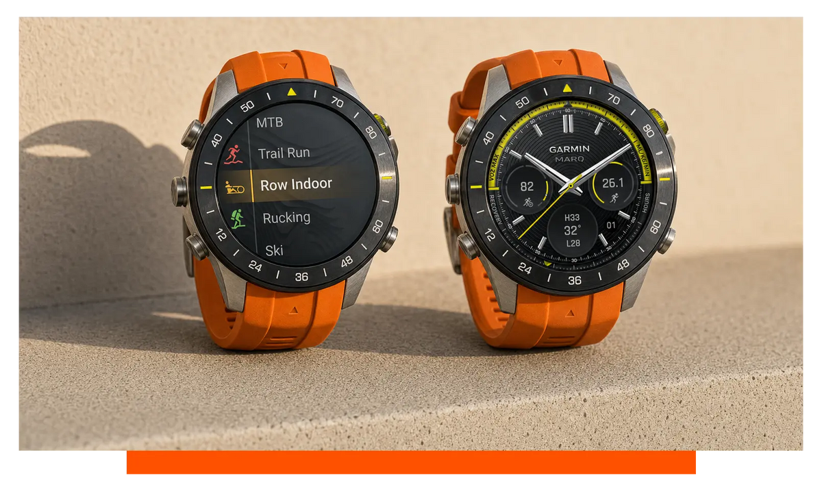 Two smartwatches shown side by side, on a concrete ledge - Garmin MARQ and Garmin MARQ 3