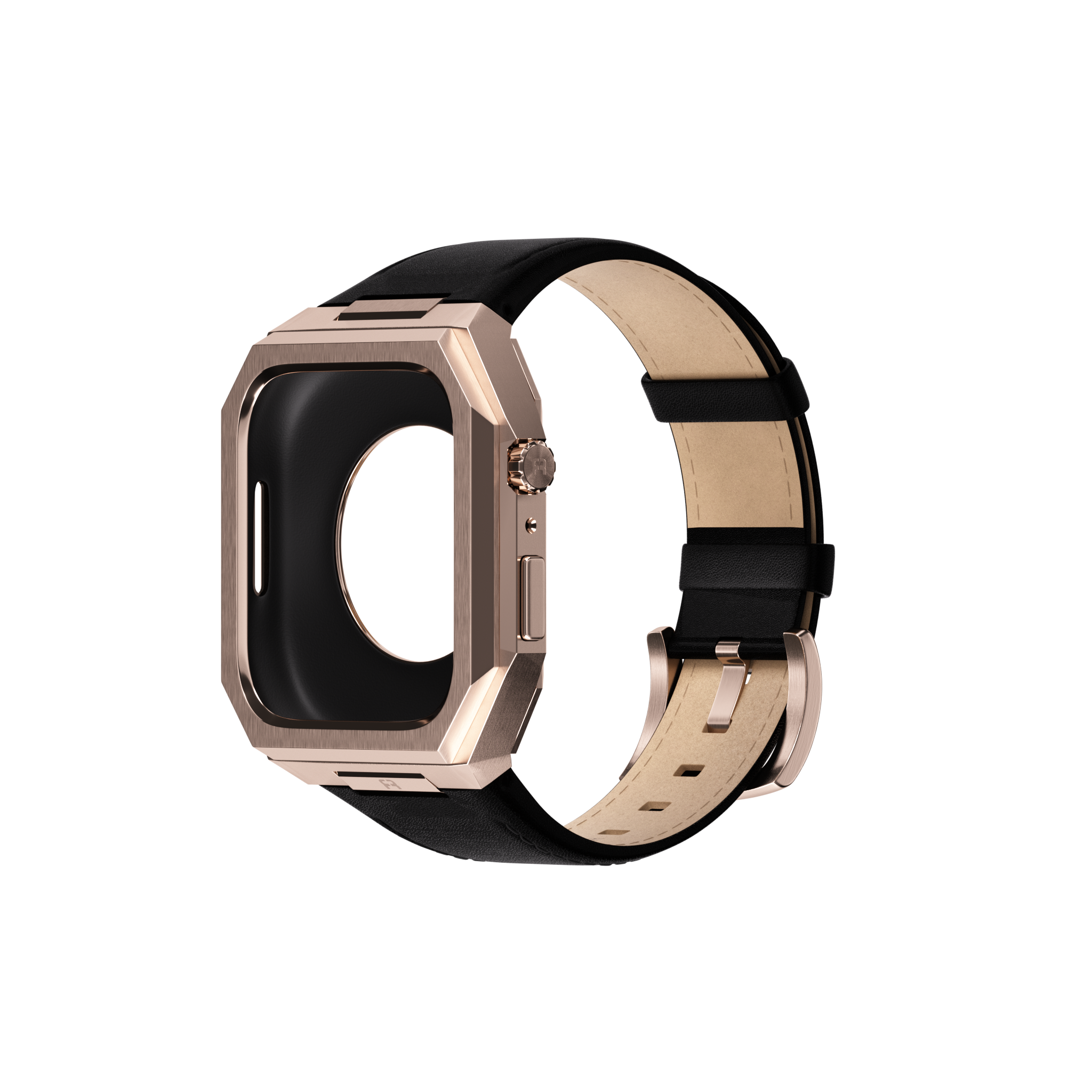 Reqior Apple Watch 45mm Metal Case with Leather Strap (Rose Gold/Black)