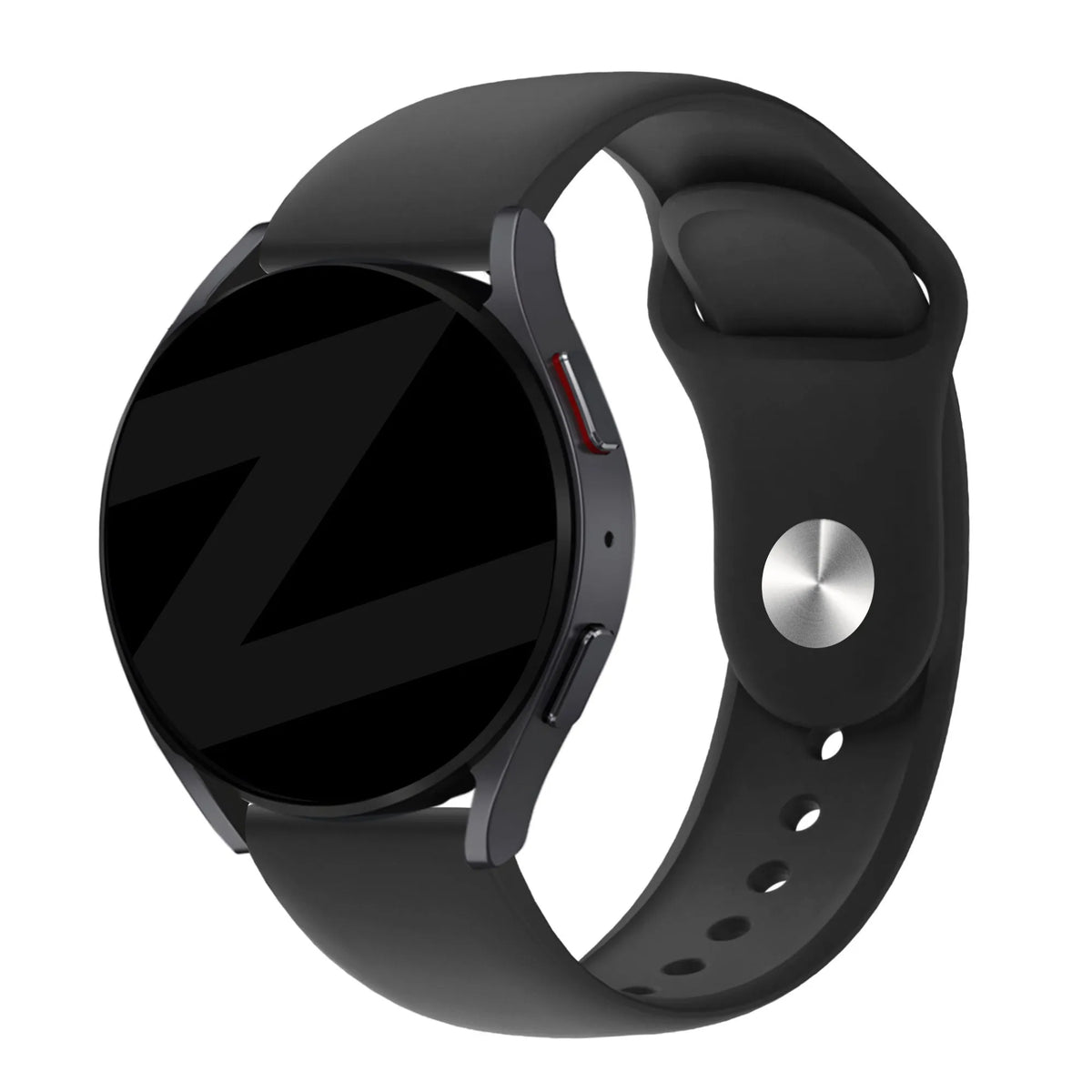 Silicone Sport Strap 'Deluxe', black, on a watch, 3/4 front view