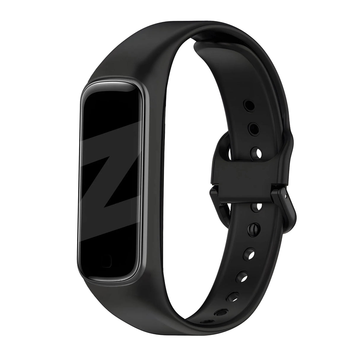 Silicone Strap with Buckle, black, on a watch, 3/4 front view