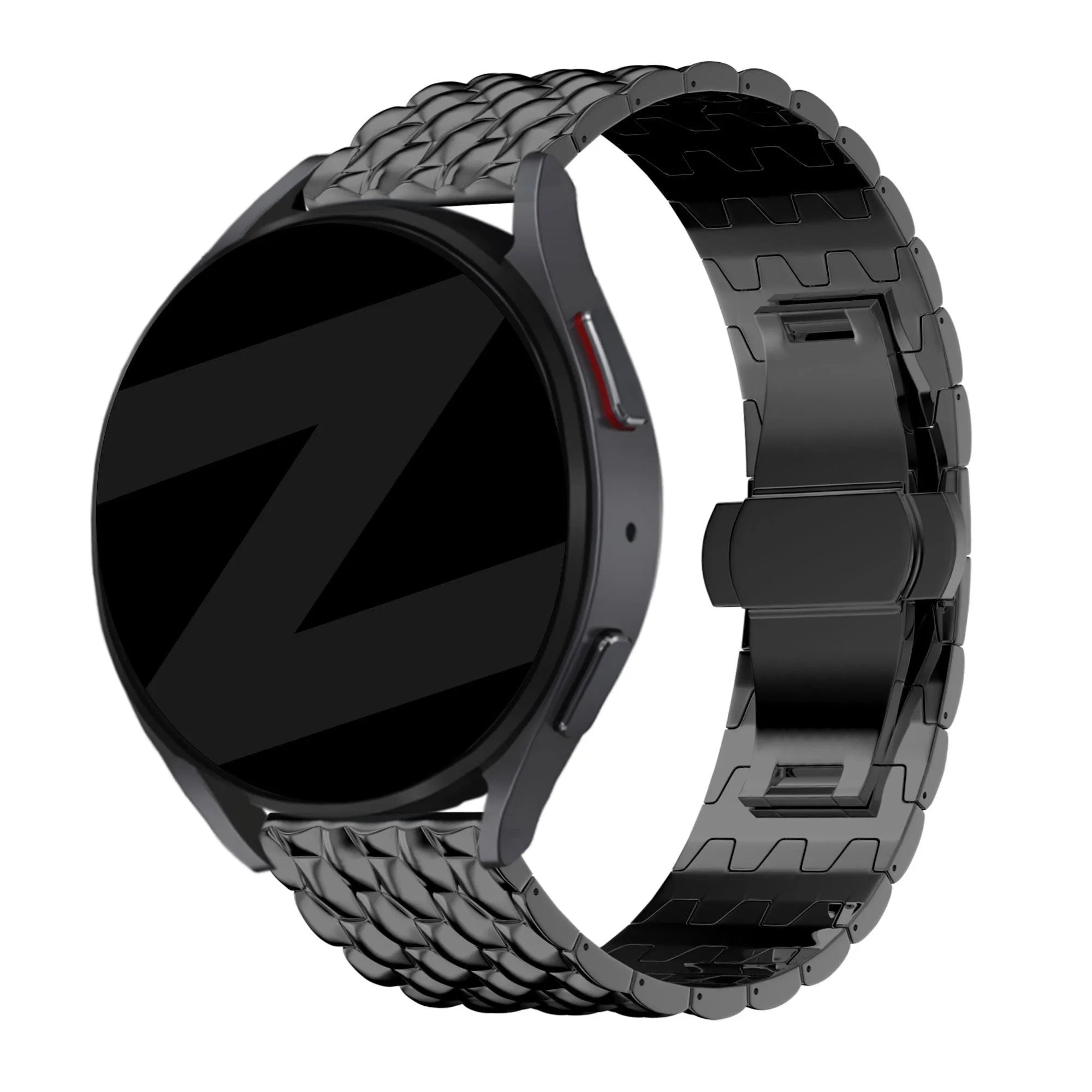 Steel Strap 'Dragon', black, on a watch, 3/4 front view