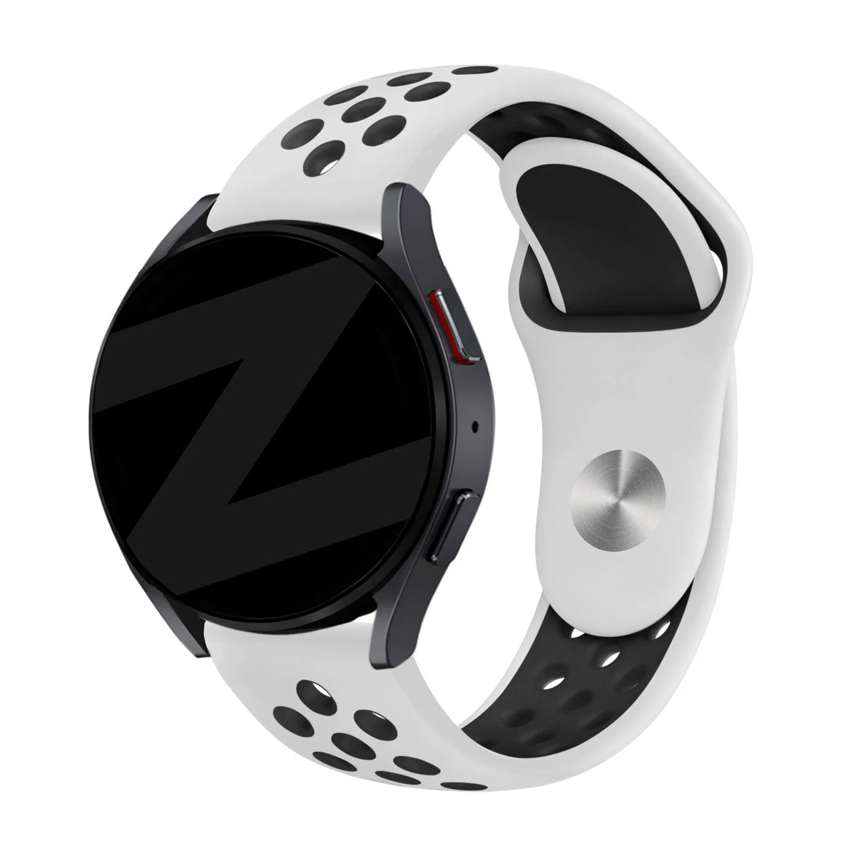 Silicone Sport Strap 'Deluxe', white/black, on a watch, 3/4 front view