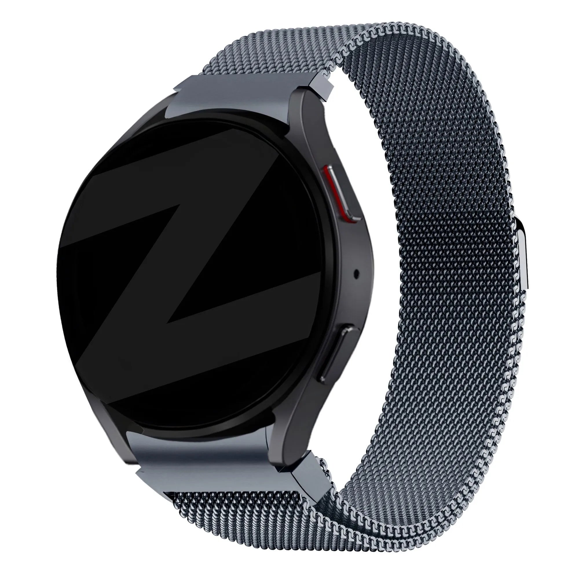 Milanese Loop Strap, grey, on a watch, 3/4 front view