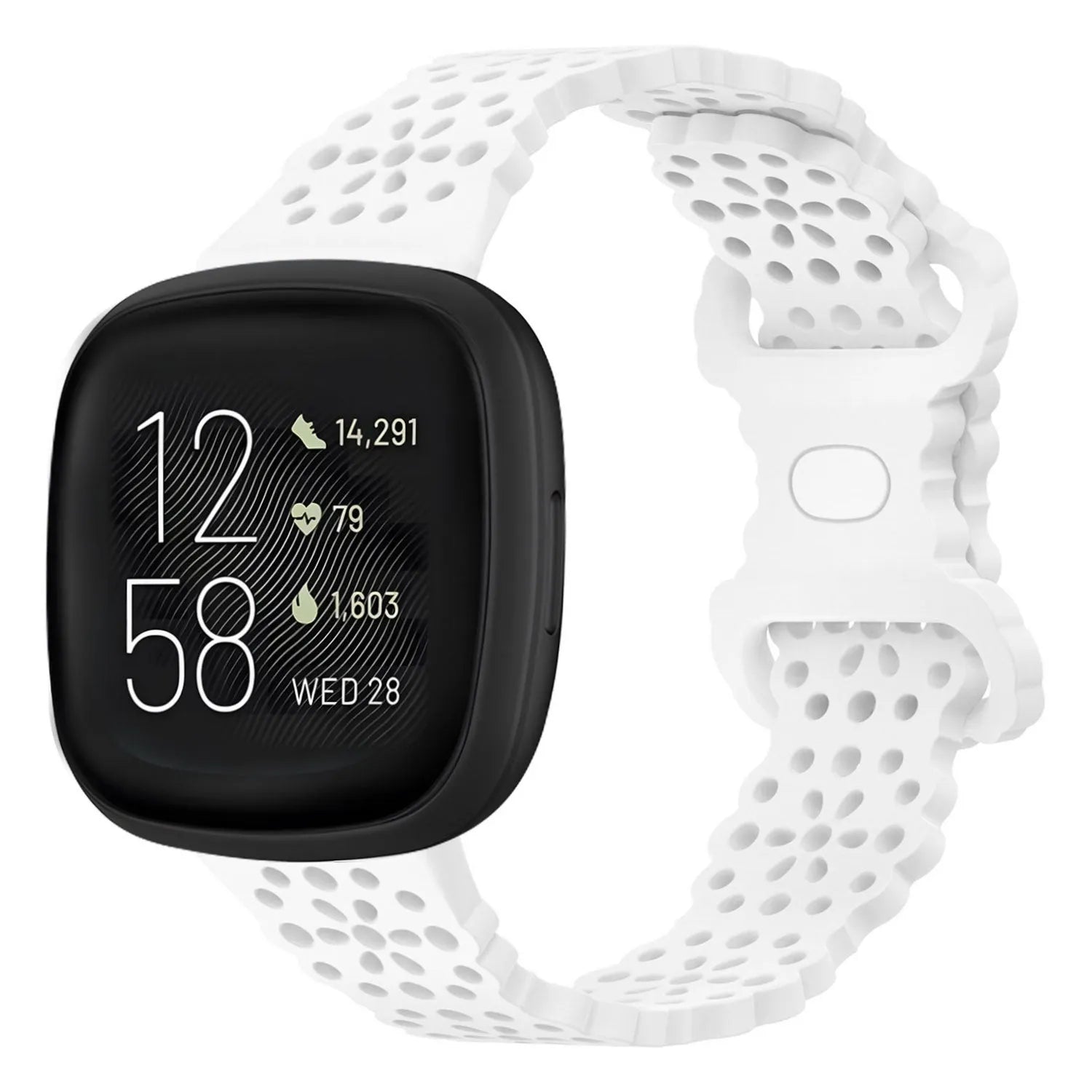 Patterned Silicone Strap, white, on a watch, 3/4 front view
