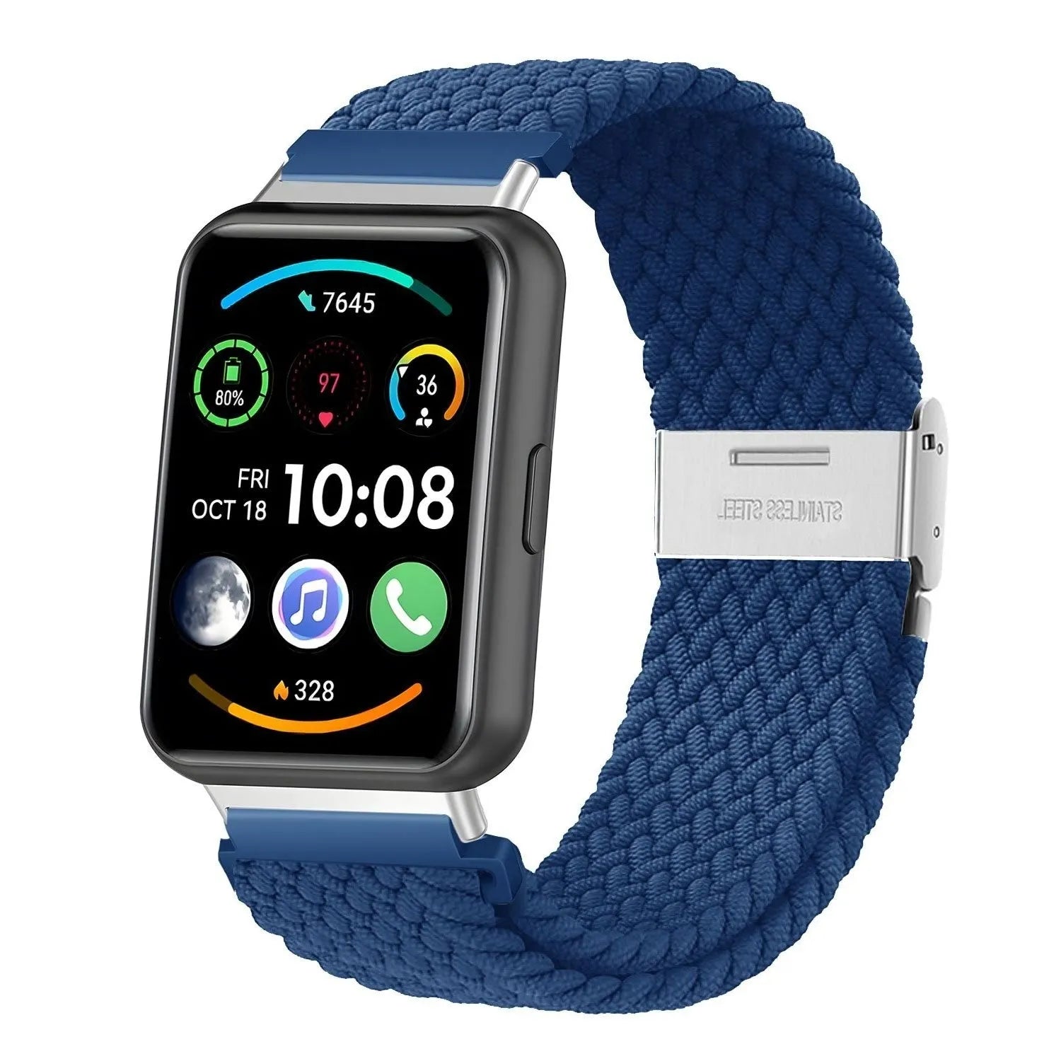 Nylon Adjustable Braided Strap, blue, on a watch, 3/4 front view