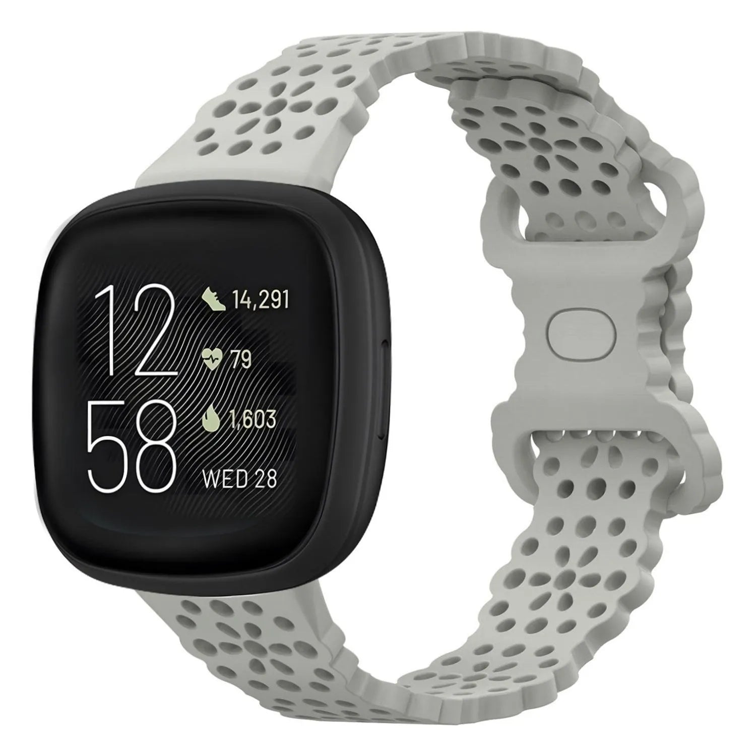 Patterned Silicone Strap, grey, on a watch, 3/4 front view