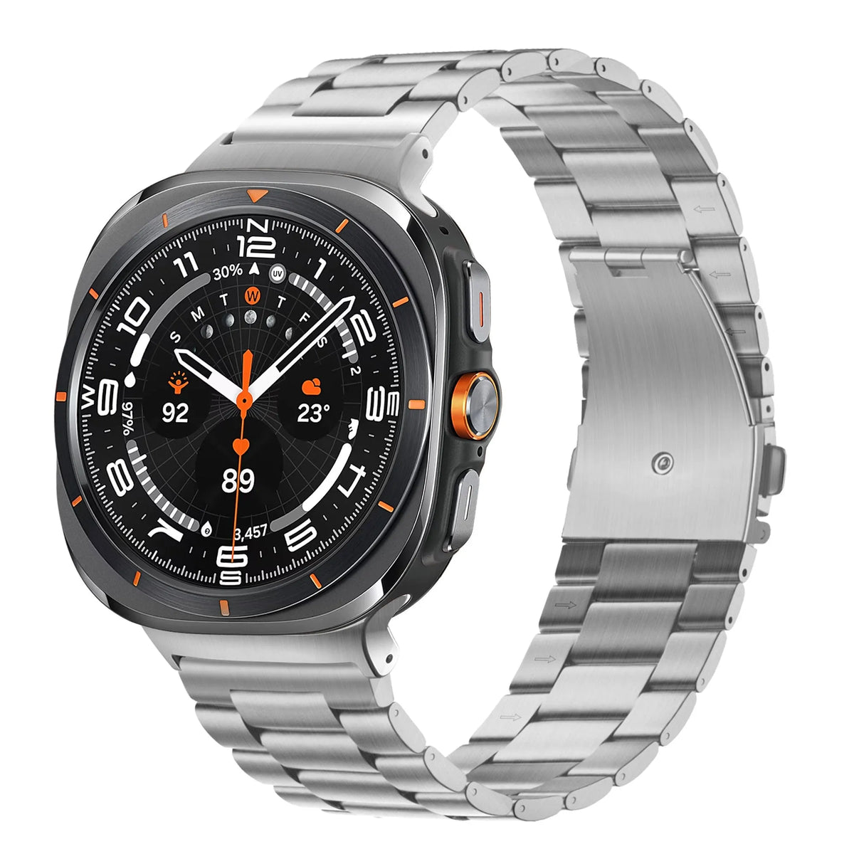 Steel Strap 'Classic', silver, on a watch, 3/4 front view