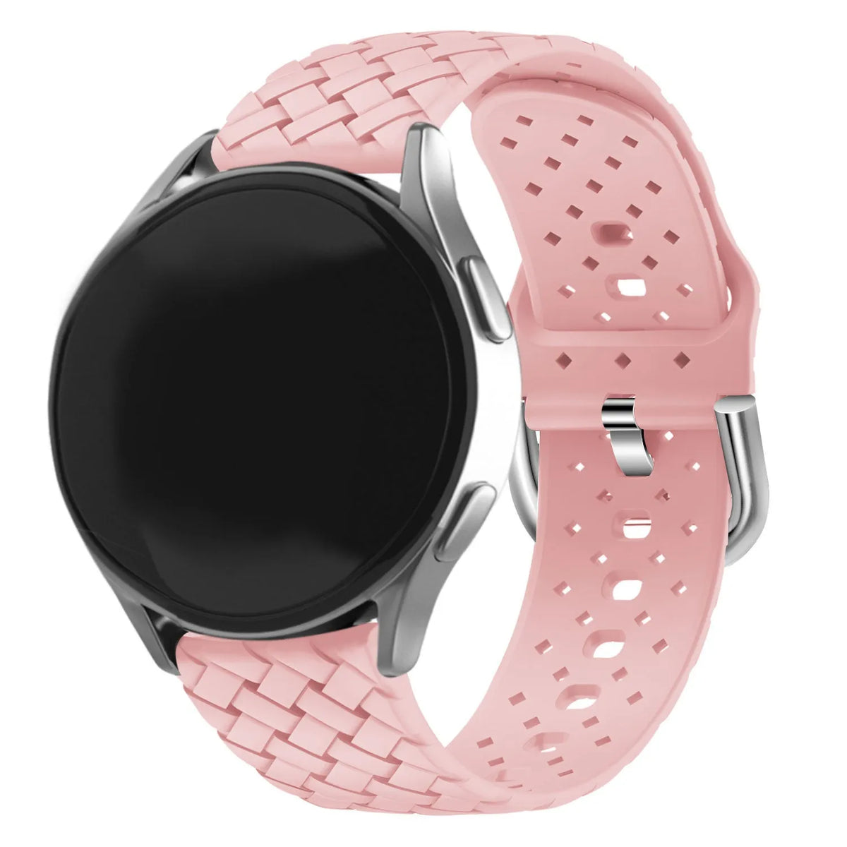 Braided Silicone Strap, pink, on a watch, 3/4 front view