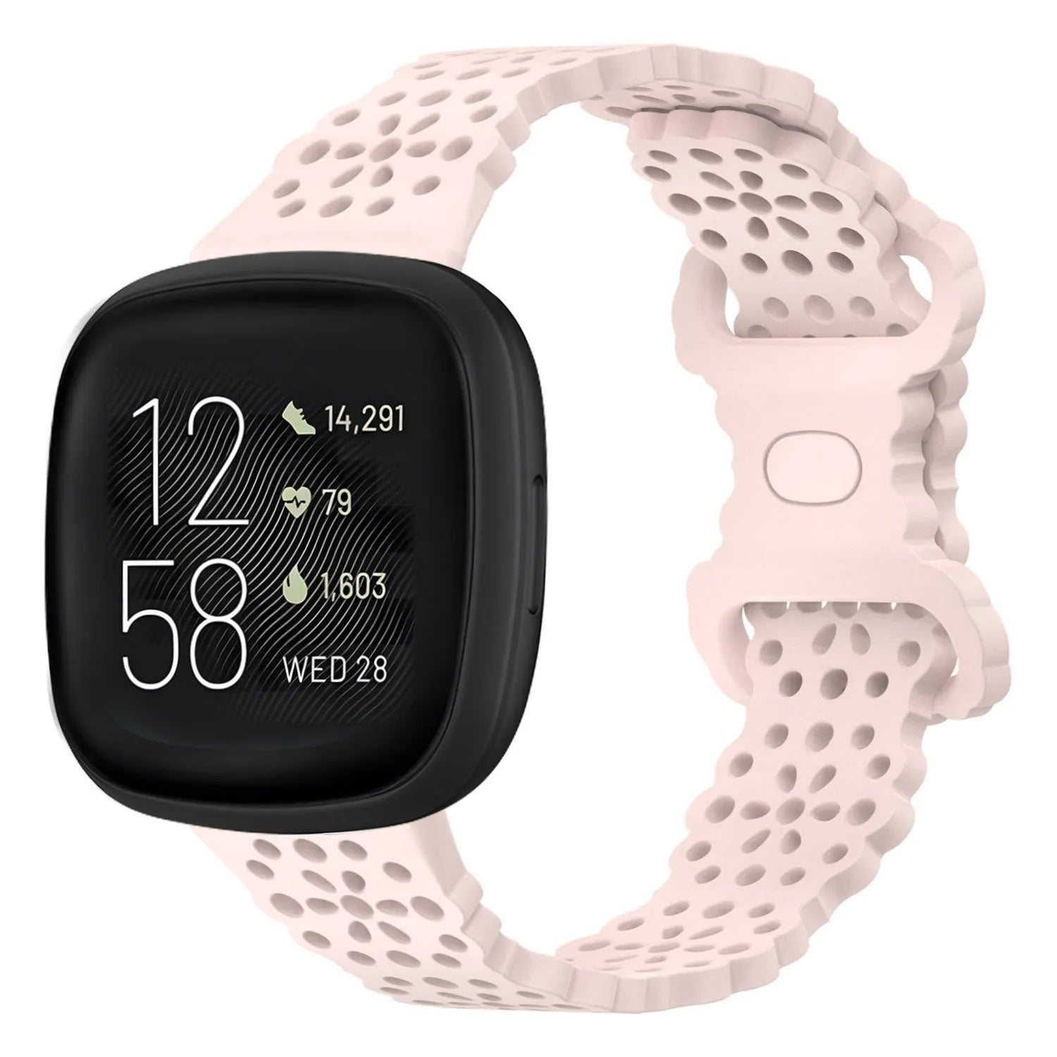 Patterned Silicone Strap, light pink, on a watch, 3/4 front view