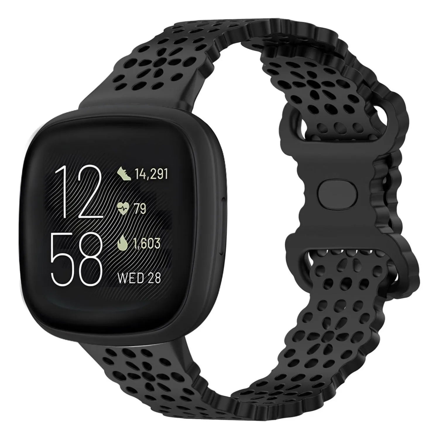 Patterned Silicone Strap, black, on a watch, 3/4 front view