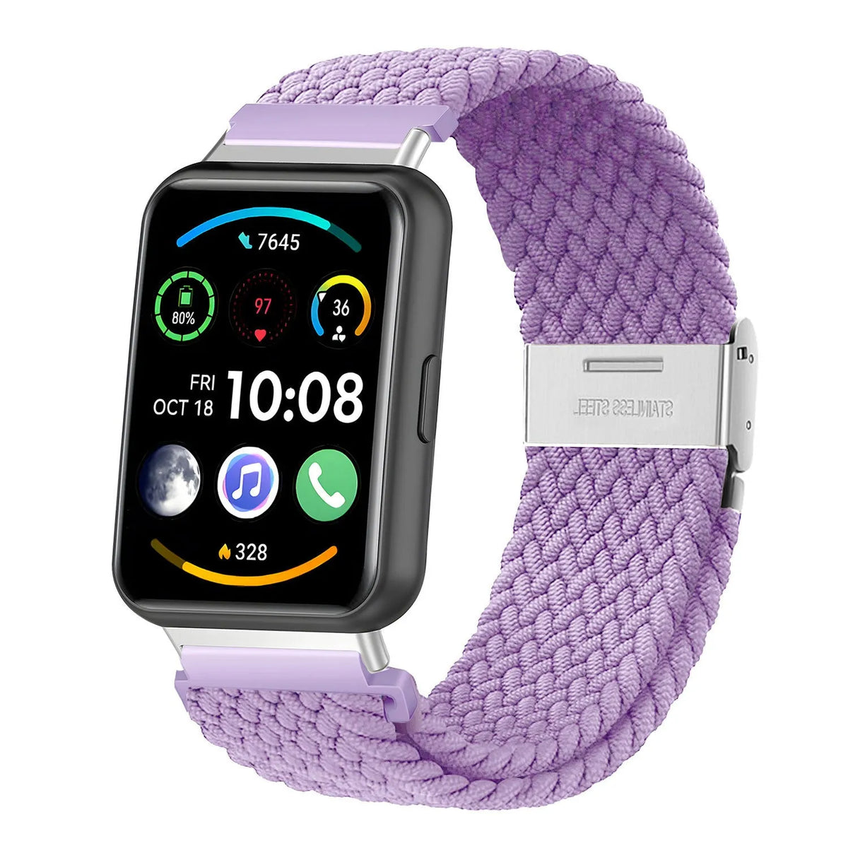 Nylon Adjustable Braided Strap, lilac, on a watch, 3/4 front view