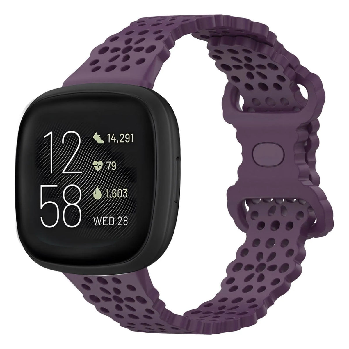 Patterned Silicone Strap, purple, on a watch, 3/4 front view
