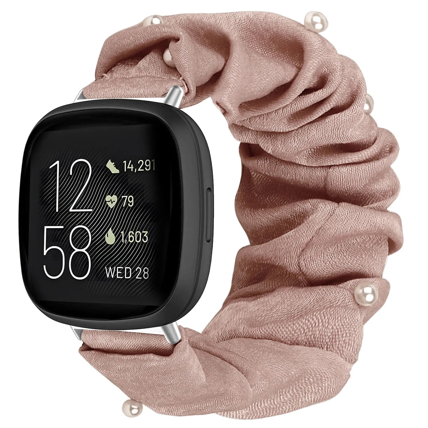 Nylon Scrunchie Strap, beige with pearls, on a watch, 3/4 front view