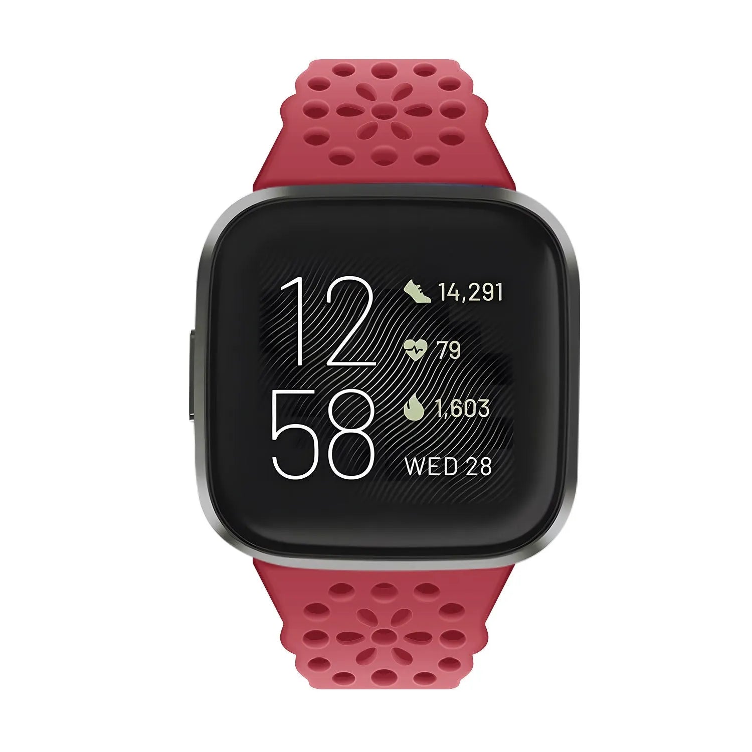 Patterned Silicone Strap, red, on a watch, 3/4 front view