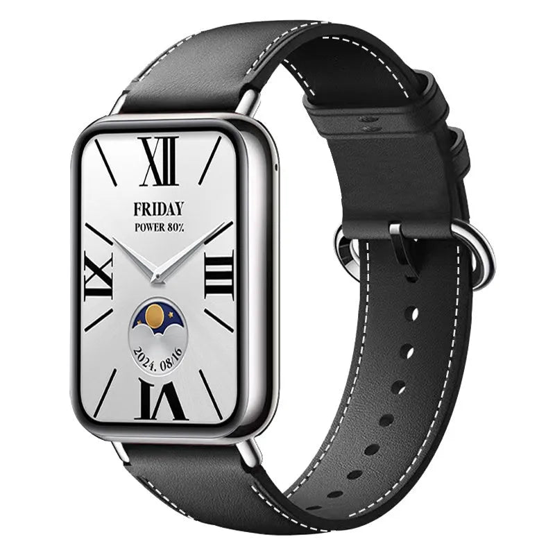 Leather Strap, black, on a watch, 3/4 front view