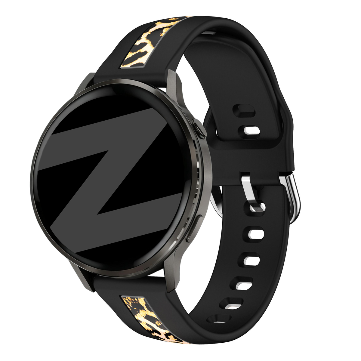 Silicone Dual Leopard Strap, black, on a watch, 3/4 front view