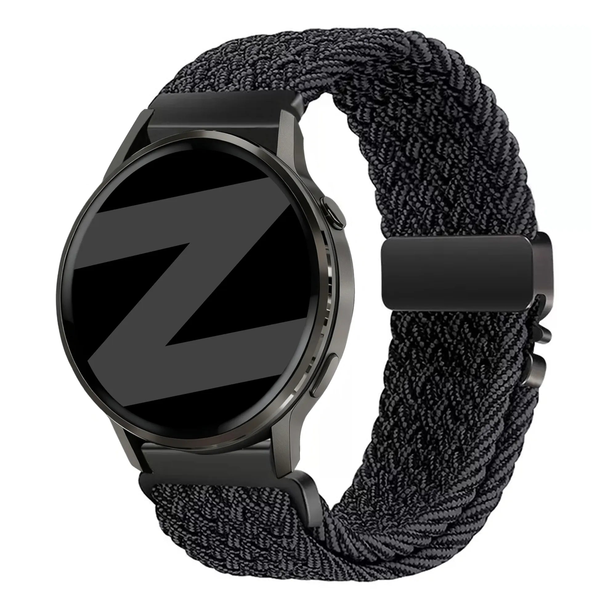 Nylon Braided Strap 'Parachute', graphite, on a watch, 3/4 front view