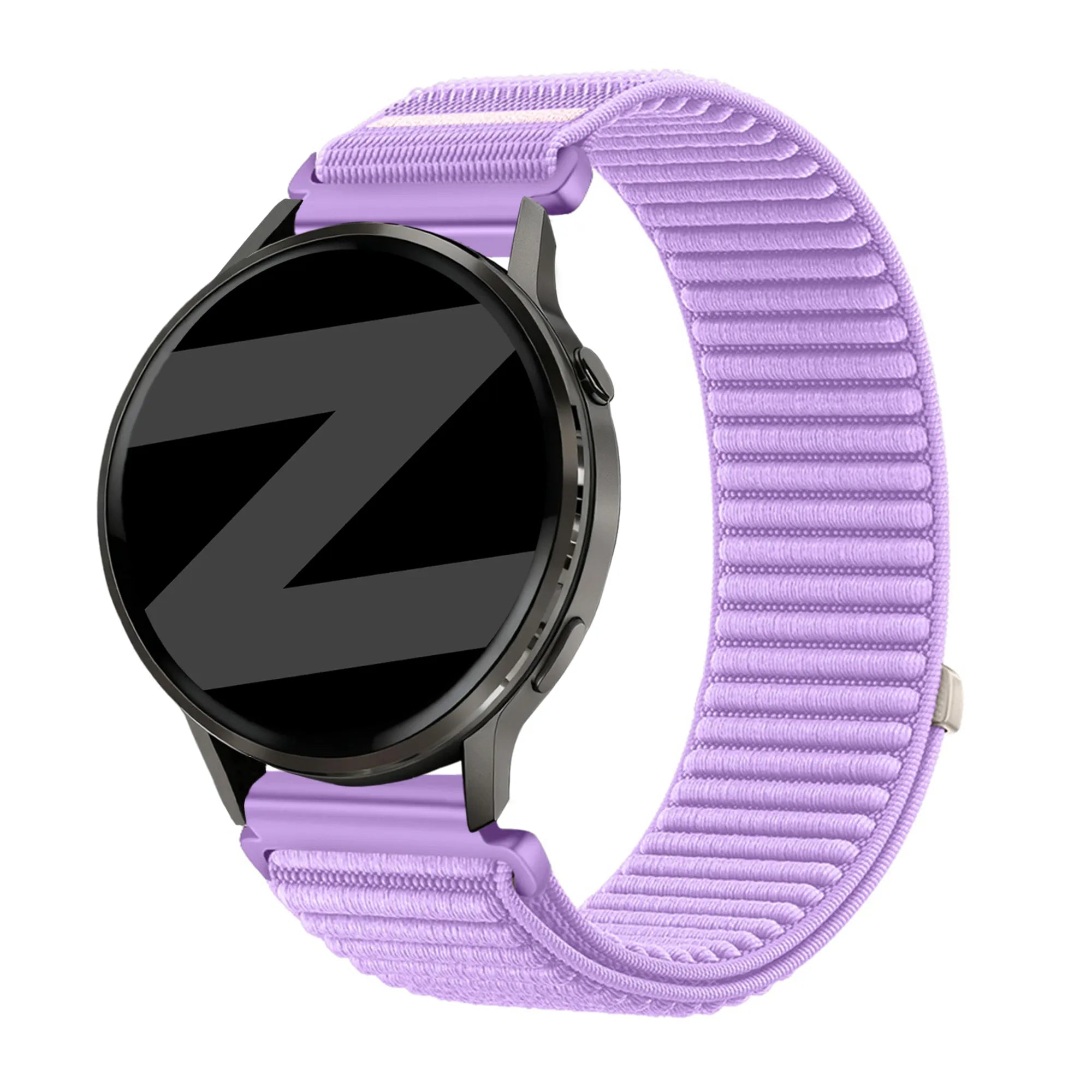 Nylon Strap 'Wave', light purple, on a watch, 3/4 front view