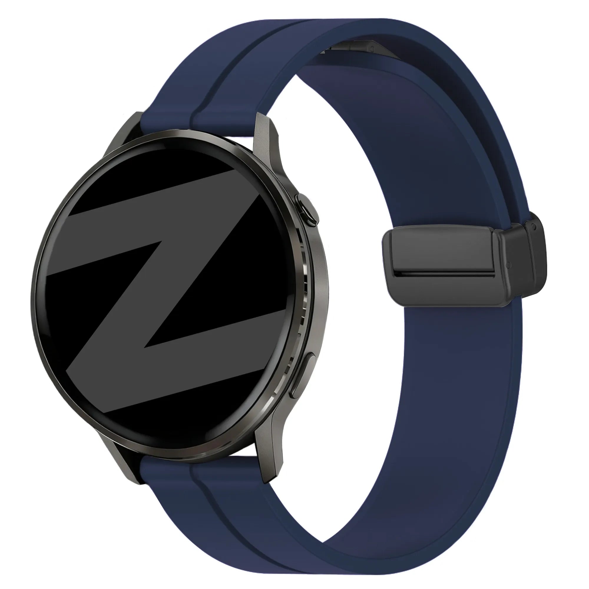 D-Buckle Silicone Strap, dark blue, on a watch, 3/4 front view