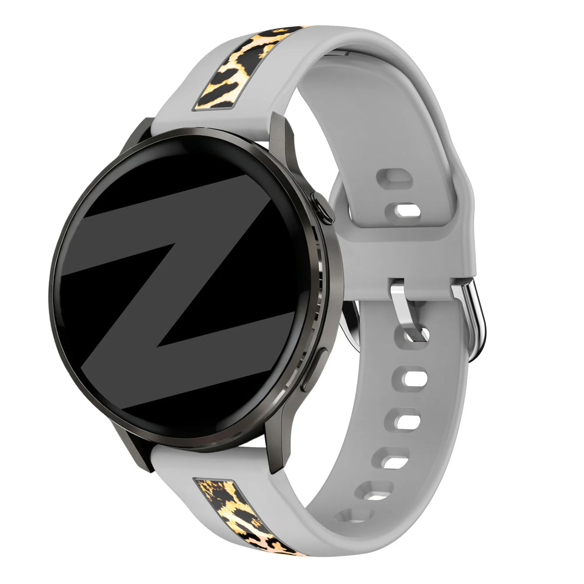 Silicone Dual Leopard Strap, light grey, on a watch, 3/4 front view