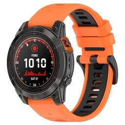 Silicone Buckled Sport Strap, orange/black, on a watch, 3/4 front view