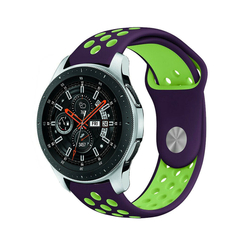 Silicone Sport Strap, purple/green, on a watch, 3/4 front view