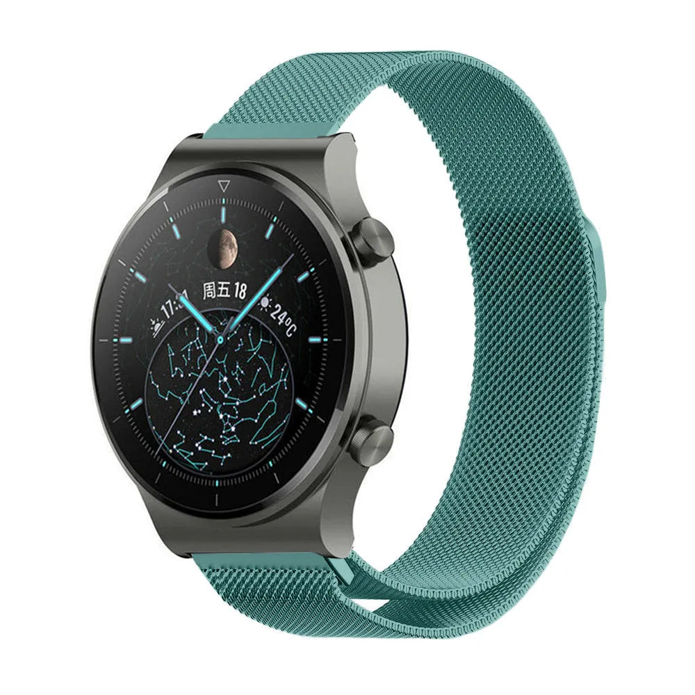 Milanese Strap, green, on a watch, 3/4 front view