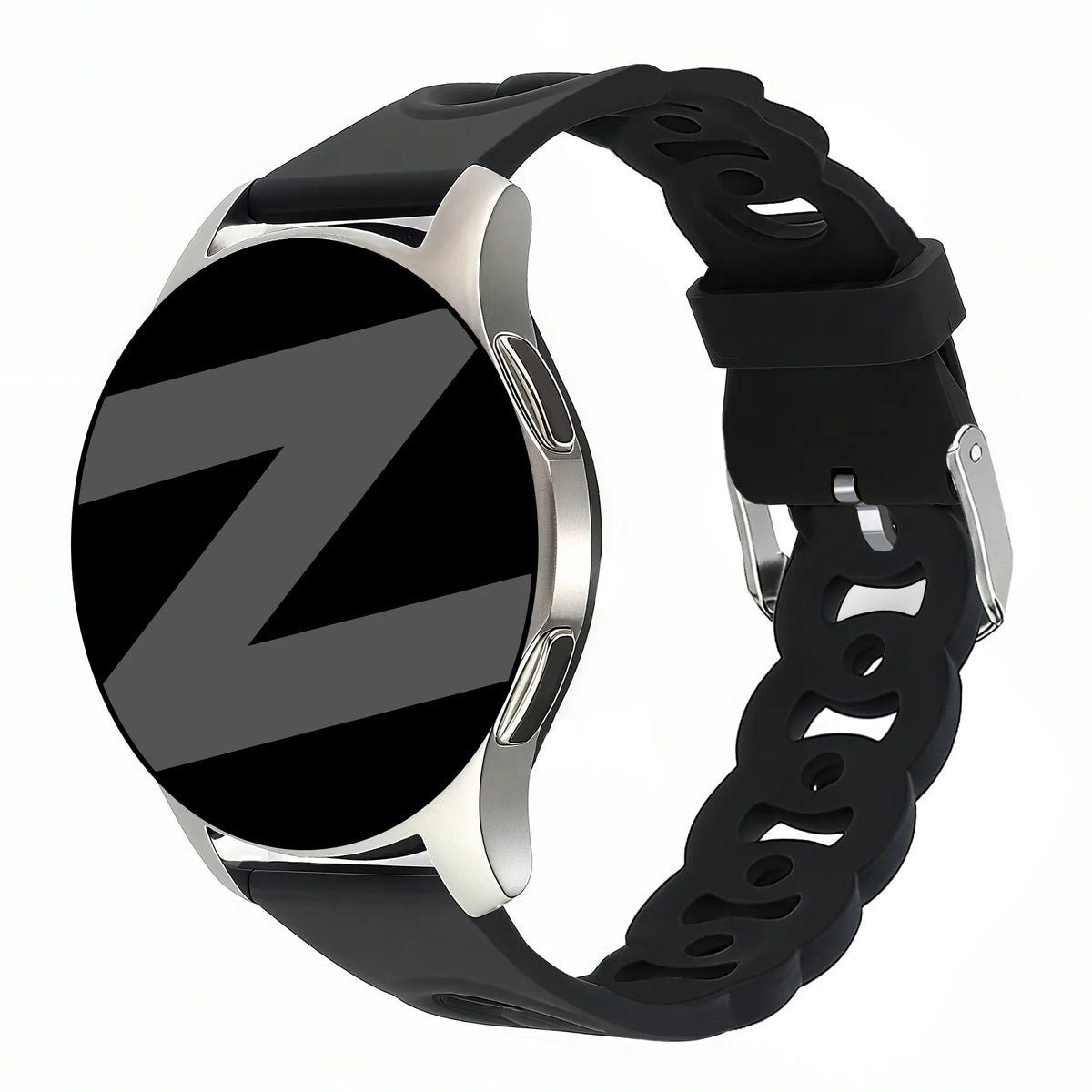 Silicone Strap 'Chains', black, on a watch, 3/4 front view