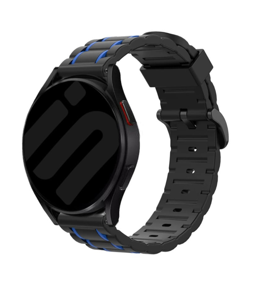 Silicone Strap 'Tough', black/blue, on a watch, 3/4 front view