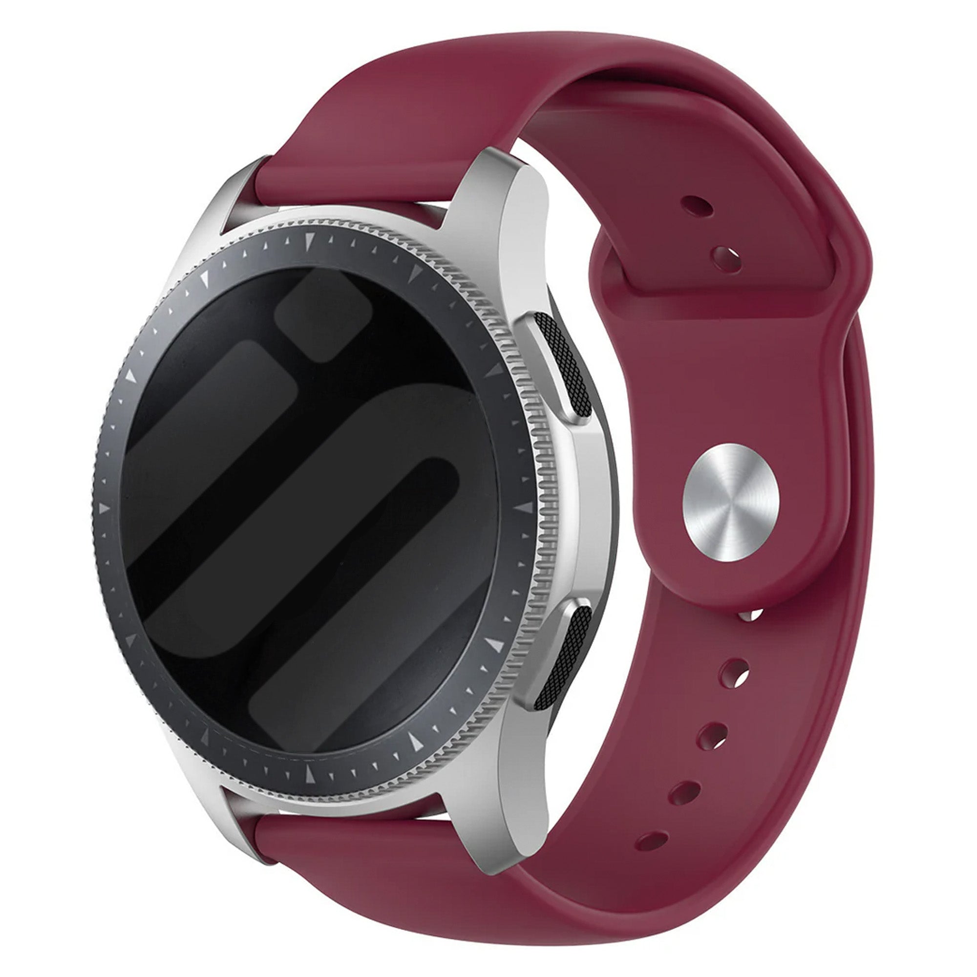Silicone Sport Strap, burgundy, on a watch, 3/4 front view