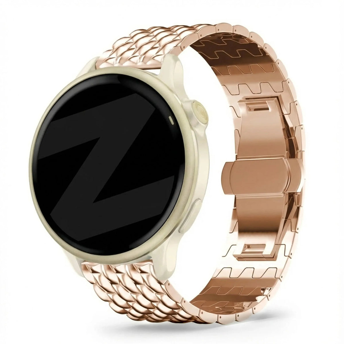 Steel Strap 'Dragon', rose gold, on a watch, 3/4 front view