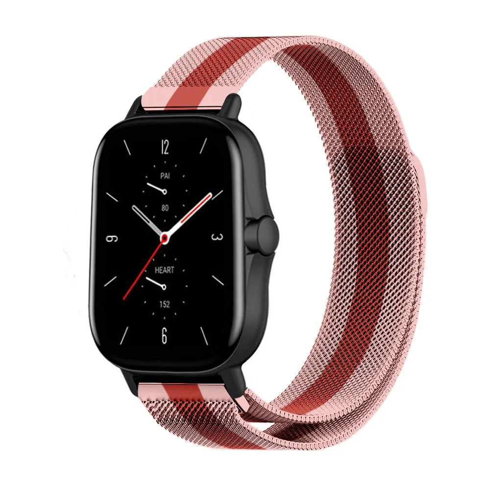Milanese Strap, red/pink, on a watch, 3/4 front view