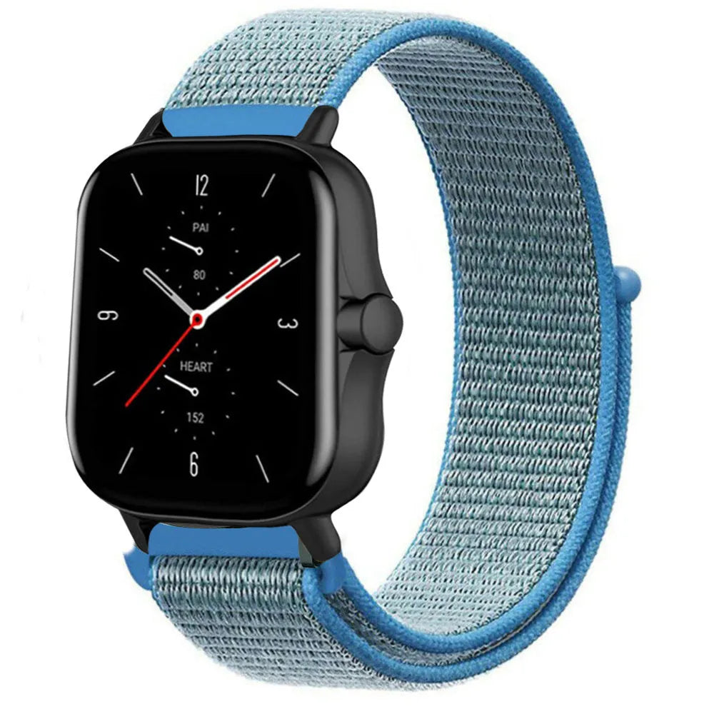 Nylon Strap, blue, on a watch, 3/4 front view