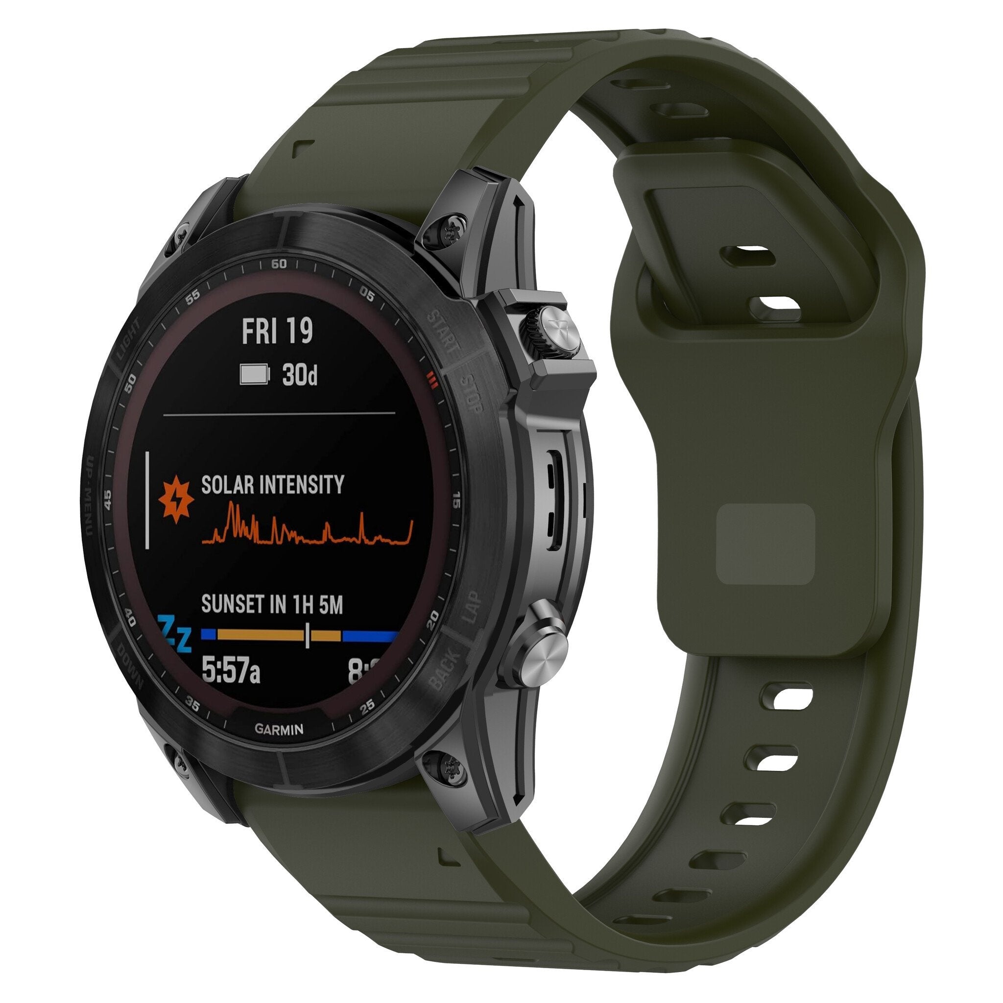 Outdoor Silicone Strap, army green, on a watch, 3/4 front view