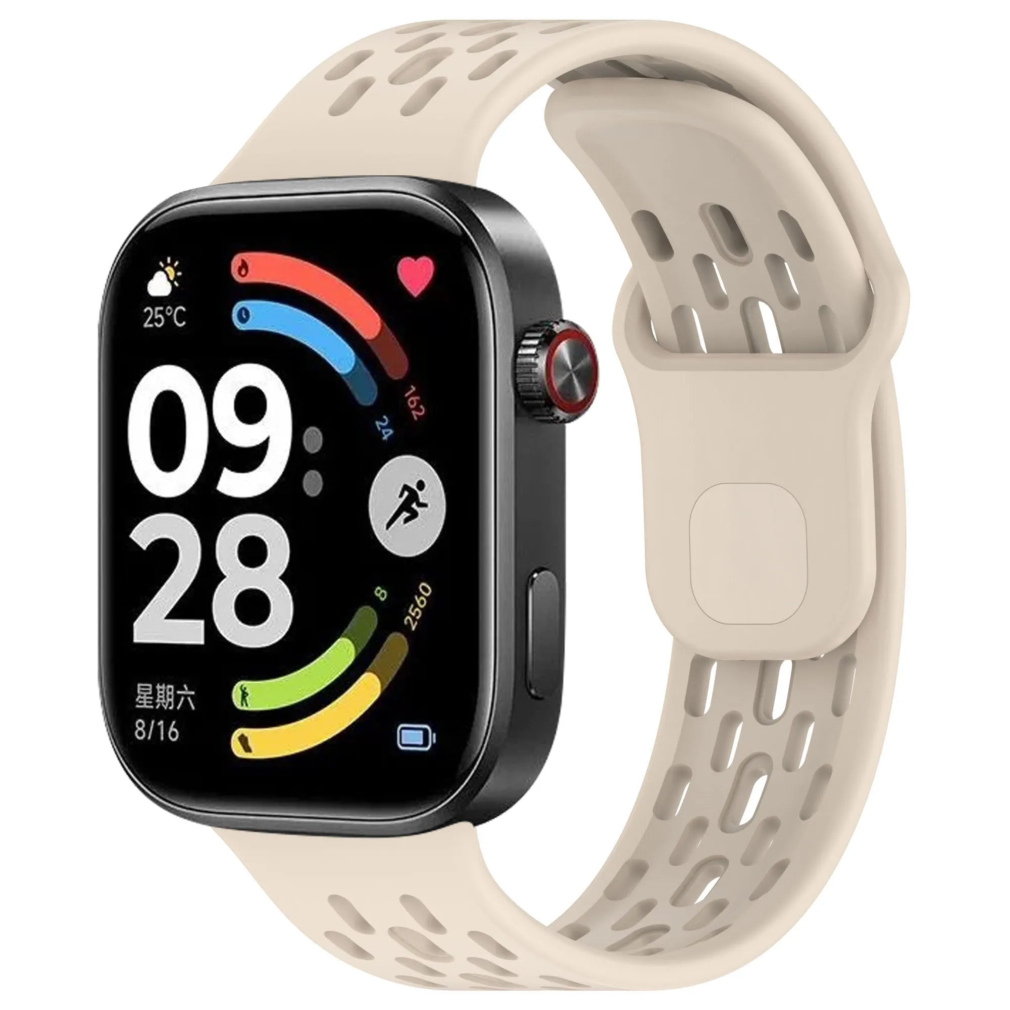 Silicone Air Strap, beige, on a watch, 3/4 front view