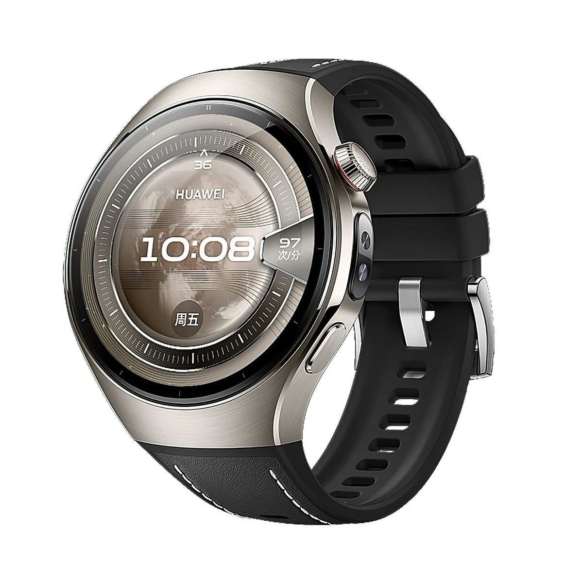 Silicone Leather Hybrid Strap 'Perfect Fit', black, on a watch, 3/4 front view