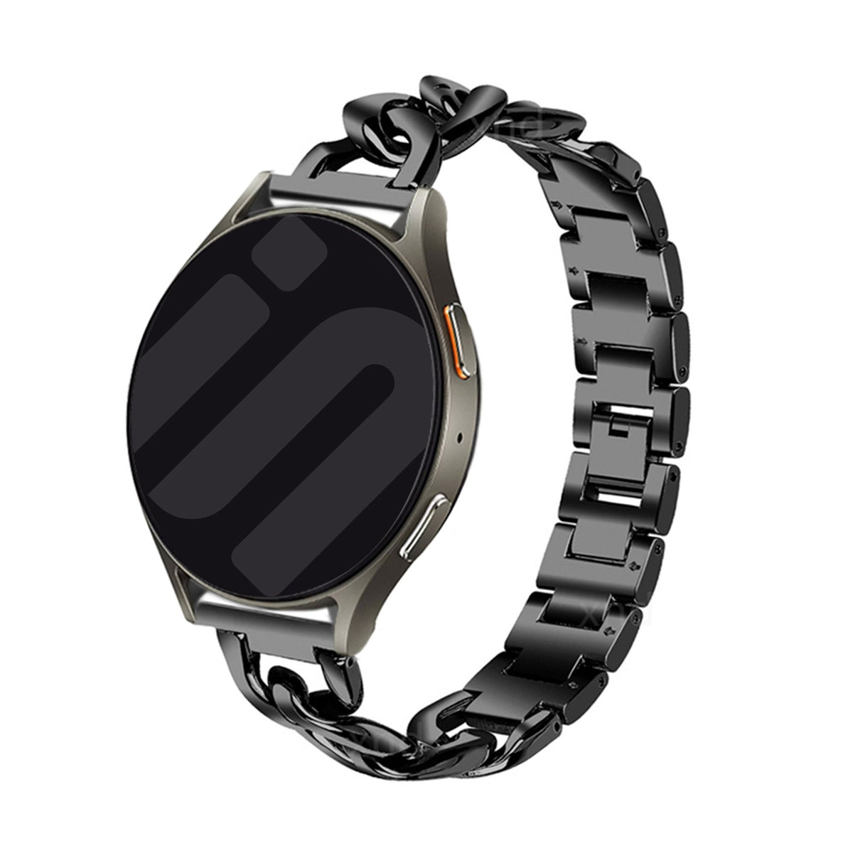 Steel Chain Strap, black, on a watch, 3/4 front view