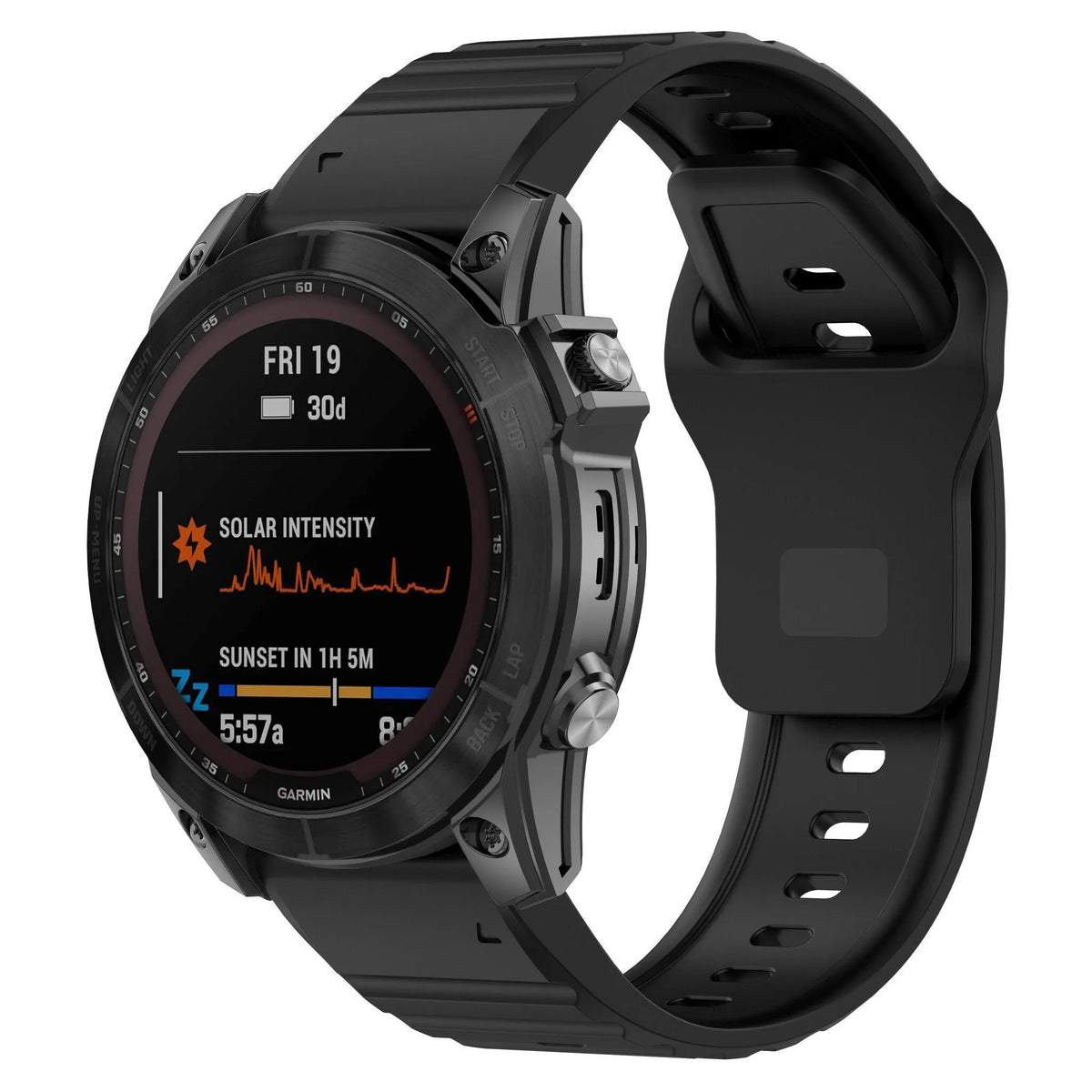 Outdoor Silicone Strap, black, on a watch, 3/4 front view