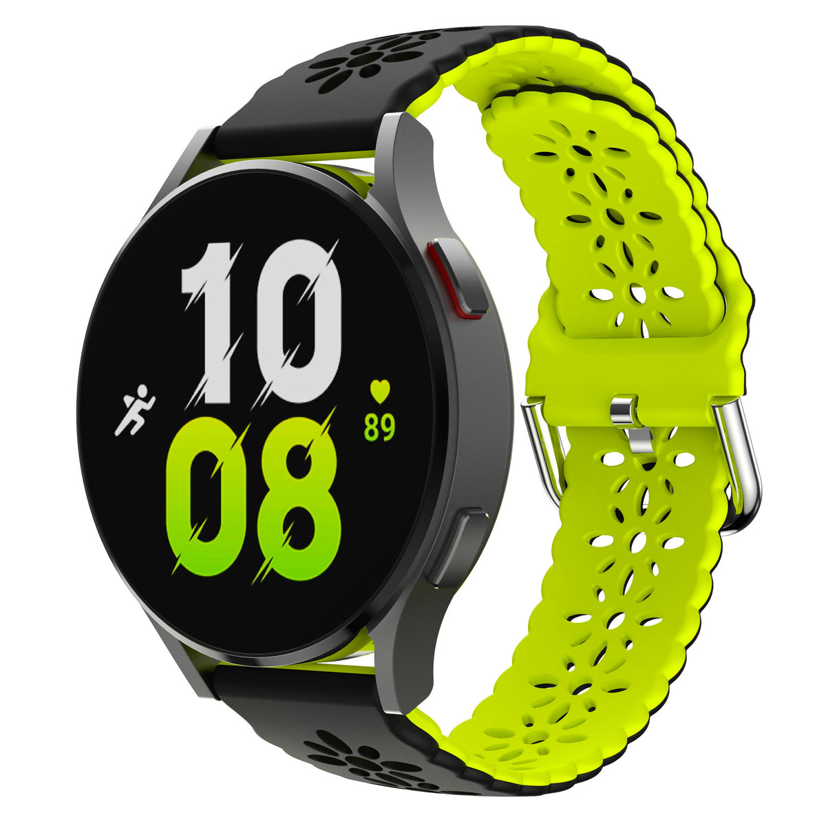 Patterned Silicone Strap, black/green, on a watch, 3/4 front view