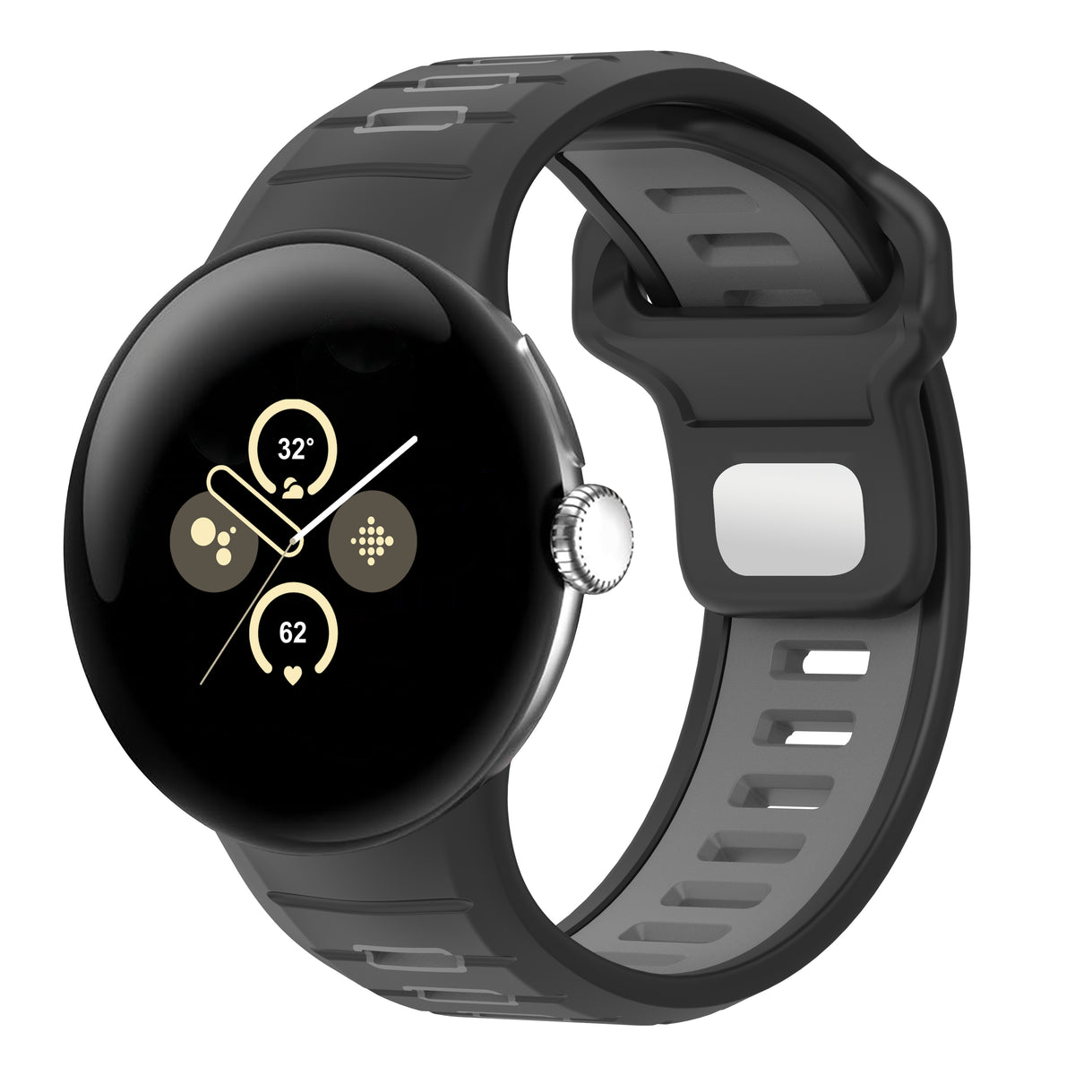 Silicone Sport Duo Strap, black/grey, on a watch, 3/4 front view