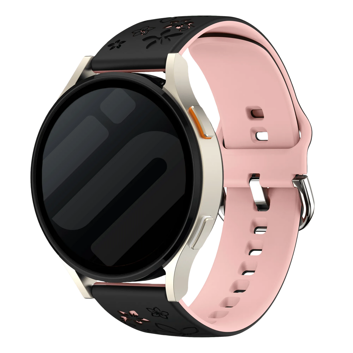 Flower Silicone Strap, black/light pink, on a watch, 3/4 front view