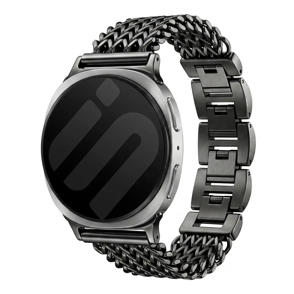 Steel Mesh Strap, black, on a watch, 3/4 front view