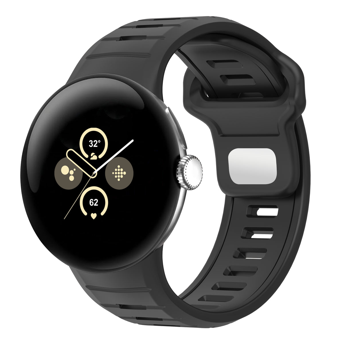 Silicone Sport Duo Strap, black, on a watch, 3/4 front view