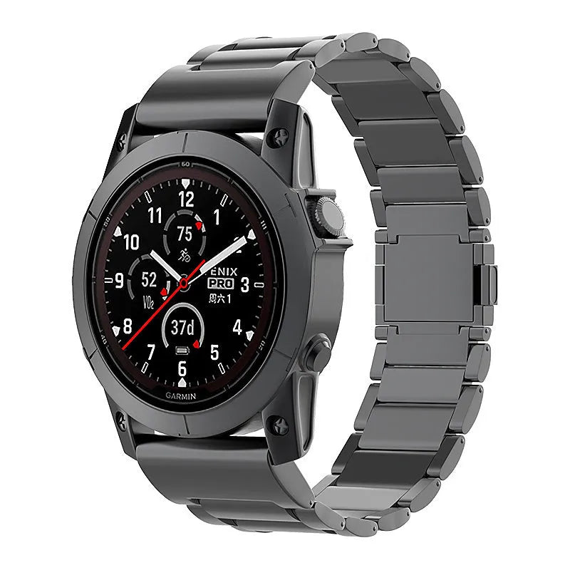 Magnetic Titanium Strap, black, on a watch, 3/4 front view