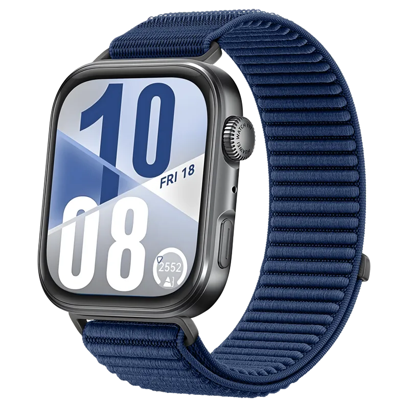 Wave Nylon Strap, dark blue, on a watch, 3/4 front view