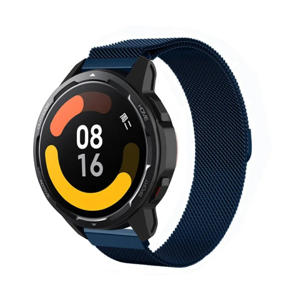 Milanese Strap, blue, on a watch, 3/4 front view