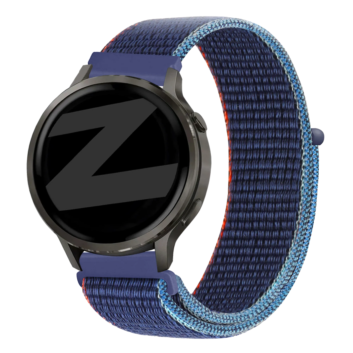 Nylon Loop Strap, blue mix, on a watch, 3/4 front view
