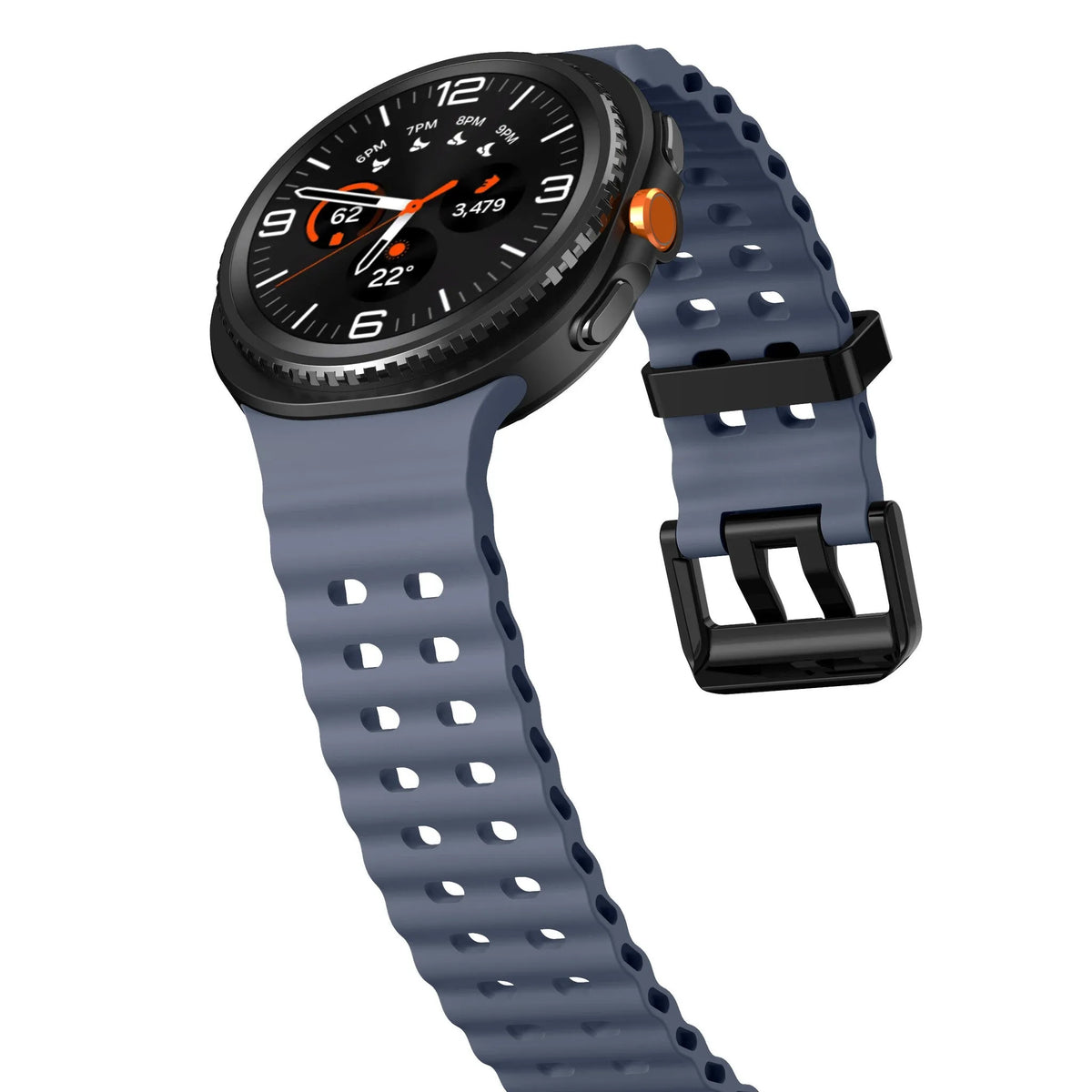 Silicone Ocean Strap, grey-blue, on a watch, 3/4 front view