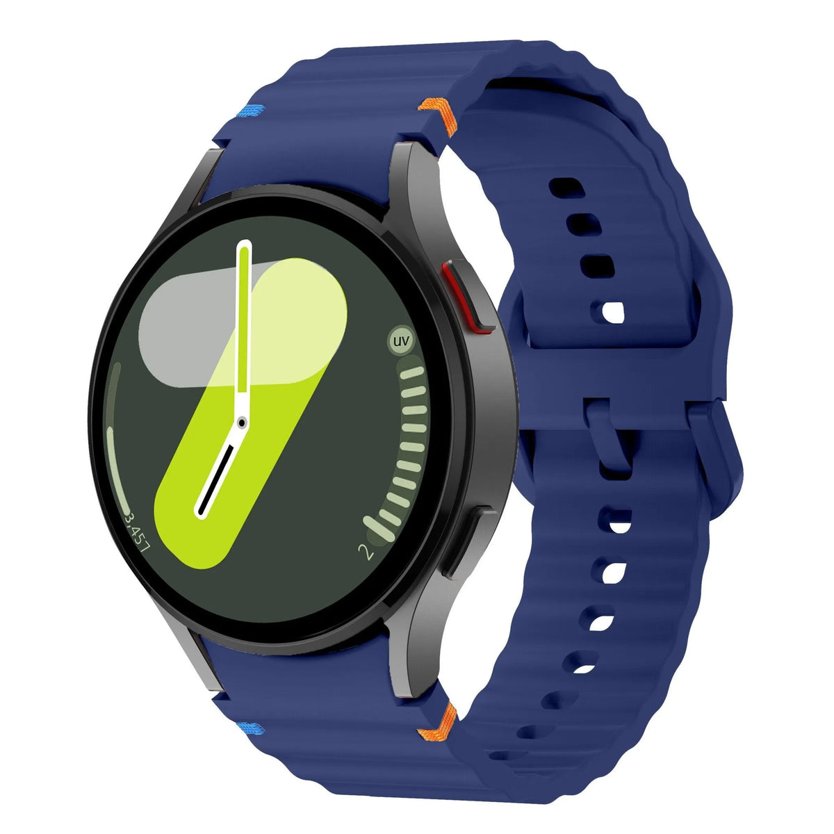 Wave Silicone Strap, dark blue, on a watch, 3/4 front view