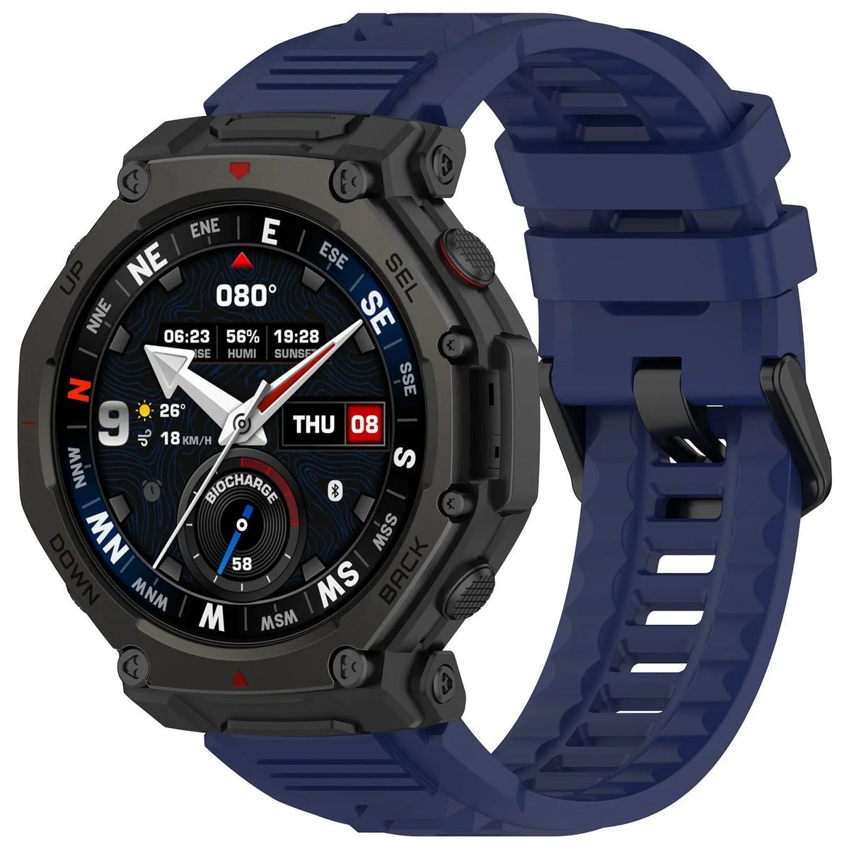 Silicone Strap, dark blue, on a watch, 3/4 front view